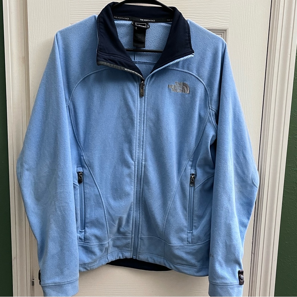 The north face light blue full zip fleece jacket